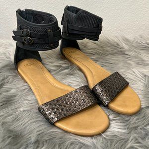 UGG Australia Ankle Wrap Gladiator Open Toe Flat Sandals Black Metallic Size 8.5